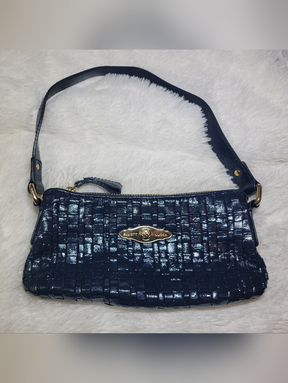 Elliott Lucca Blue Woven Patent Leather Baguette Shoulder Bag Gold Tone Hardware